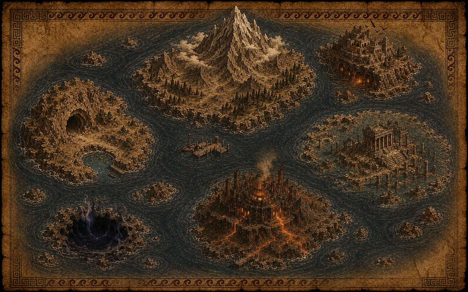 An illustrated map of a drowned ancient realm